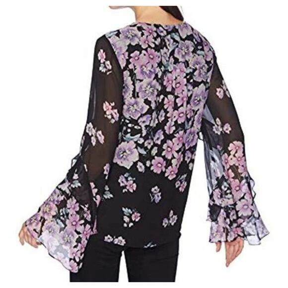 Nanette Lepore Zen Floral Silk Blouse Black Pink Sheer Large Fairy Feminine - Picture 2 of 15